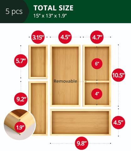 5-Piece Bamboo Drawer Organizer Set – Multi-Use Storage Trays for Kitchen, Bathroom, Office, Makeup, Jewelry & More – Junk Drawer Tray, Utensil Holder, Storage Box & Bin Set (5 Boxes)