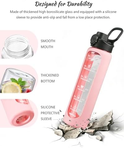 32 oz Glass Water Bottles with Straw, Water Bottle with Time Marker