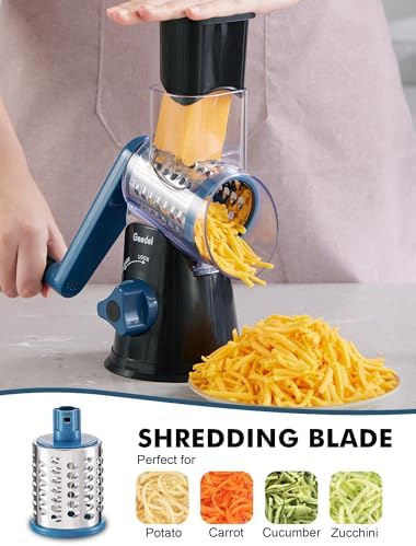 Geedel Rotary Cheese Grater, Kitchen Mandoline Vegetable Slicer with 3 Interchangeable Blades, Easy to Clean Rotary Grater Slicer for Fruit, Vegetables, Nuts - Image 2