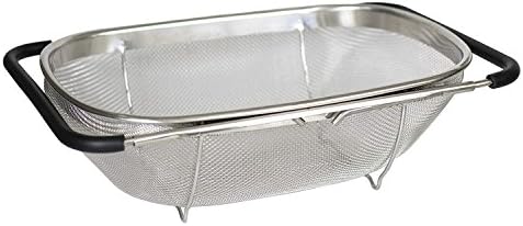 Over the Sink Colander with Expandable Rubber Grip Handles - Fine Mesh Oval Strainer in Stainless Steel -Drain, Rinse Fruits and Vegetables