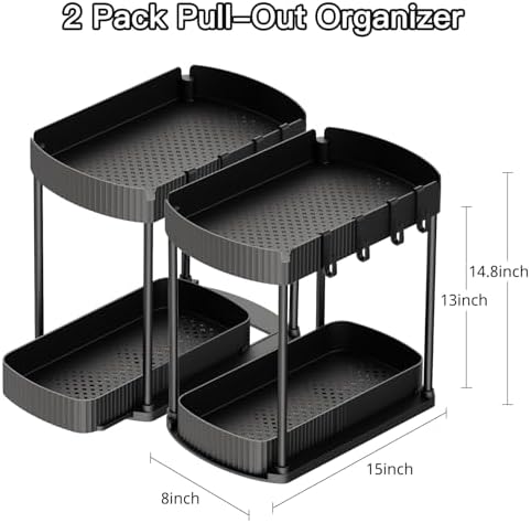 2 Packs Under Sink Pull-Out Storage Organizers, 14.8 Inches, Black