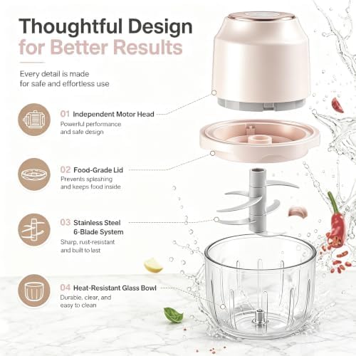 350ML Electric Garlic Meat Grinder, Wireless USB Rechargeable Food Chopper, 6-Blade High-Speed Chopper, Mini Convenient Kitchen Mixer for Garlic and Meat (Pink) - Image 5