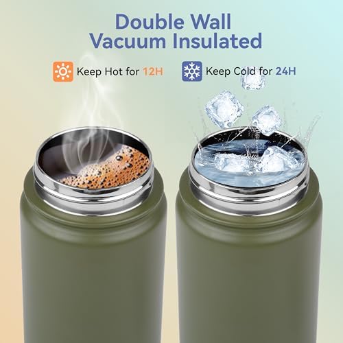 Insulated Water Bottle Kids 16 oz Double Wall Vacuum Stainless Steel Water Bottle Leak Proof for School Wide Mouth with Straw Lid & Spout Lid Keeps Cold and Hot(Army Green,1pack)