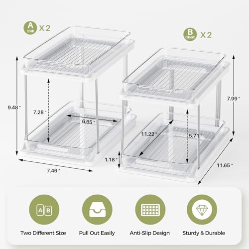 2-Tier Bathroom Under Sink Organizers and Storage, Pull Out Cabinet Drawers with Anti-Slip Design, Multi-Purpose Storage for Kitchen, Pantry, Bathroom & Home Organization, White, 4 Pack