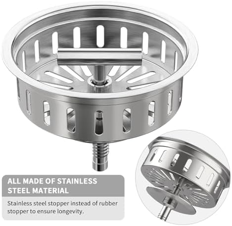 Kitchen Sink Drain Sink Strainer 3-1/2 Inch Drain Assembly Kit Replacement for Universal 3.5 Inch Kitchen Sink, All Stainless Steel Body with Strainer Basket and Drain Stopper (9171，Stainless)