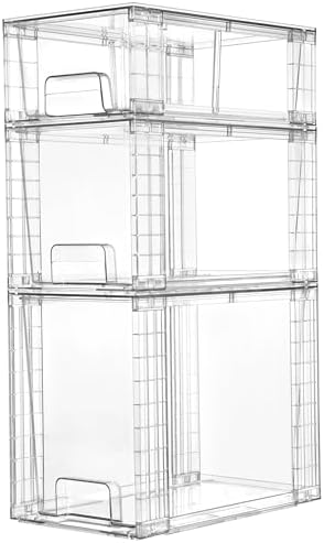 3 Pack Clear Stackable Storage Drawers,Easy to Assemble Bathroom Organizers and Storage with handles,Plastic Drawers for Kitchen Pantry,Cabinet,Under Sink Organization