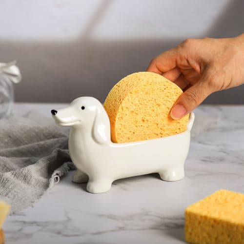 Ceramic Dachshund Shaped Sponge Holder for Kitchen Sink Counter, Sponge Rack, Sink Caddy Organizer