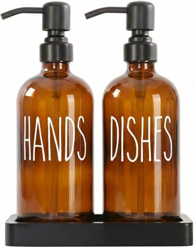 Soap Dispenser Set with Ceramic Tray, Amber & Black