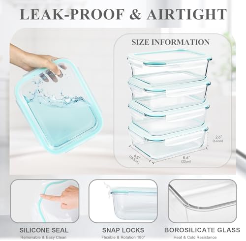 4 Pack 52 oz Large Glass Food Storage Containers with Lids - Glass Meal Prep Containers For Baking, Storing, Airtight Lunch Container, Freezer, Dishwasher, Microwave and Oven Safe, BPA Free