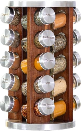 20 Jar Rotating Dark Acacia Wood Spice Rack with Spices Included & 5-Year Spice Refill Program – Rustic Wood Countertop Spice Rack with Glass Jars