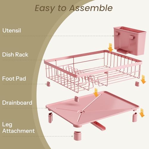 Dish Drying Rack for Small Kitchen Counter, 11" W x 15" L, Pink