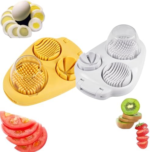 3 In 1 Egg Slicer For Hard Boiled Eggs, New Hard Boiled Egg Cutter Egg Slicer for Hard Boiled Eggs, Eggs Slicers 3 Ways for Strawberry, Mushroom, Grape, Cherry Tomato (Yellow + White)
