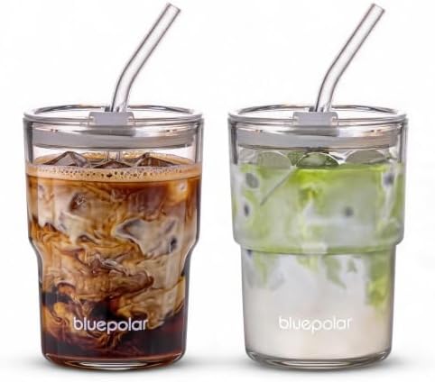13oz/400ml Glass Water Tumbler with Straw and Lid Sealed Carry On Thick Wall Iced Coffee Cup Glass Cup for Water, Iced Tea Fruit Juice Etc (White-2Pack)