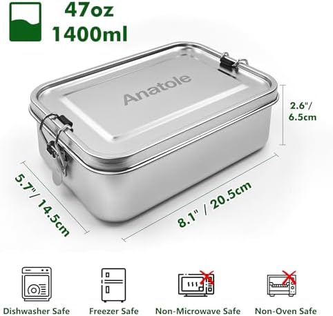 304 Stainless Steel Bento Box 47oz Leak-Proof Lunch Box 1 Divider