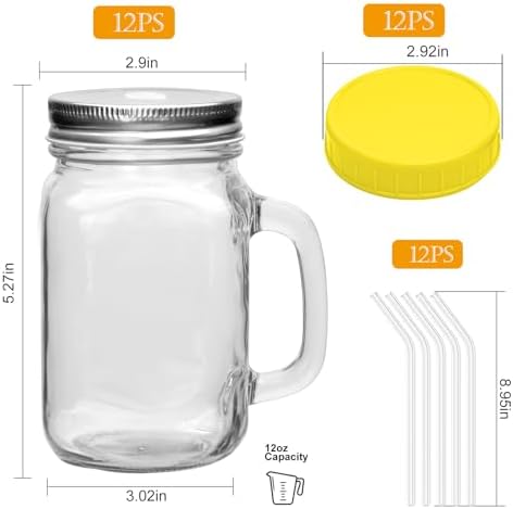 16oz Mason Jars with Handle, Glass Mugs with Straws and Lids 12 Pack