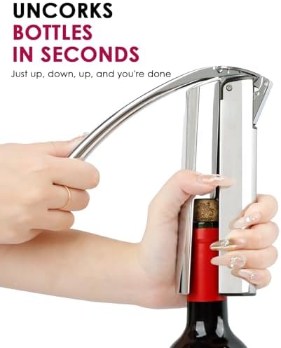 Wine Opener, Stainless Steel Vertical Lever Corkscrew with Foil Cutter, Extra Spiral and Premium Gift Box, Manual Wine Opener with One-Pull Design, Wine Bottle Opener