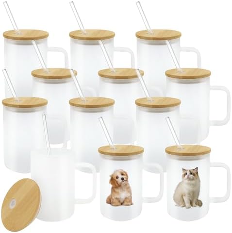 12 Pack Sublimation Glass Cup with Handle Frosted Sublimation Blank Beer Can Tumblers with Bamboo Lid and Straw for heat press 16oz