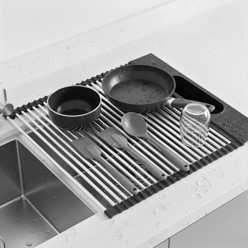 Roll Up Dish Drying Rack Over Sink, 17.5" x 15.2" Foldable SUS304 Stainless Steel Kitchen Dish Drainer, Heat-Resistant Multipurpose Rolling Sink Rack Organizer,Black