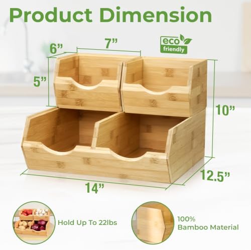 Large Bamboo Pantry Storage Bins – 30% Larger, Stackable Potato Onion Storage Bin, Pantry Organizers and Storage, Produce Vegetable Organizer, Set of 4