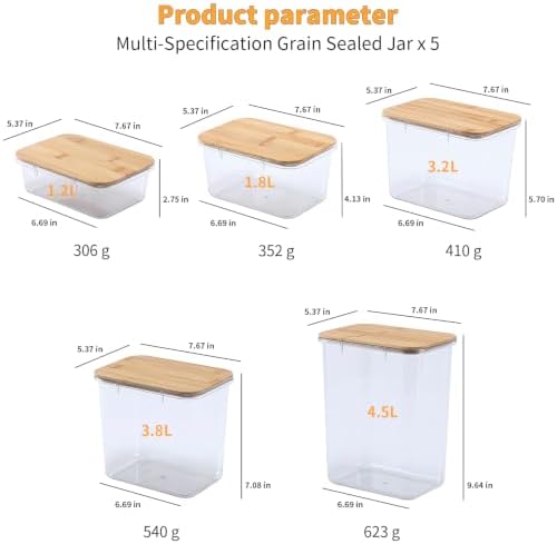Five grain and miscellaneous grain food sealed jar, coffee bean storage jar, square transparent bamboo lid molded material storage jar, storage container (Set of 5)