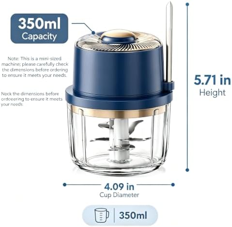 Electric Cordless Garlic Chopper 350ML with Glass Bowl, 6 Blades (Blue) - Image 3