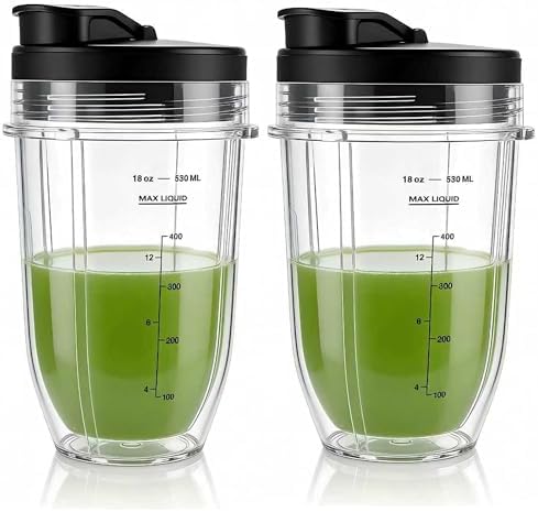 Replacement 18oz Jar Cup with Spout Lid for Nutri Ninja Blender Auto iQ 900w 1000w Series BL640/641/BL642/BL642W/BL642Z (2 Pack, 18oz) by JOYSTAR