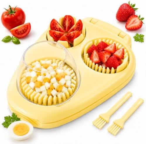 3-in-1 Egg Slicer with 2 Cleaning Brushes, Hard Boiled Egg Cutter, 3 Cutting Modes & Steel Blades – Eggs, Cherry Tomatoes, Strawberries, Kiwi – Perfect for Salads, Breakfast & Family Meals – Yellow by YunAnRock