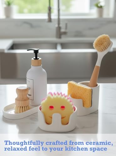 Ceramic Sponge Holder, 2-Slot Dish Sponge Holder for Kitchen Sink, Keeps Sponges Dry & Countertop Clean, Rust-Free & Dishwasher Safe, Stylis Design, Dishwasher Safe, White