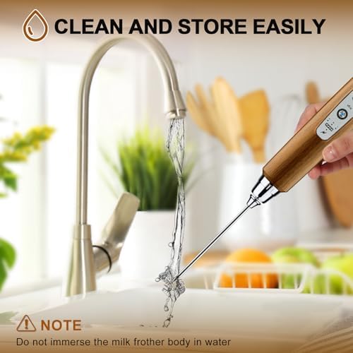YUSWKO Wood Grain Handheld Milk Frother Wand for Coffee, Rechargeable Electric Whisk with 3 Heads 3 Speeds Drink Mixer Coffee Frother For Latte, Cappuccino, Hot Chocolate, Egg - Image 7