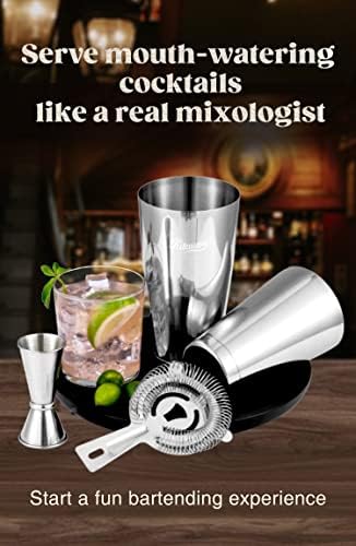 Boston Cocktail Shaker Set, 4-Piece Boston Shaker Tins Bartender Kit with 18oz & 28oz Mixed Drink Shaker, Hawthorne Strainer, Double Measuring Jigger, Cocktail Recipe Cards Included