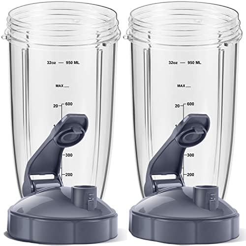 MEET JUICE 2-Pack 32oz Replacement Cups with Flip-Top To-Go Lids & Gaskets (4-Inch Diameter) ;Compatible with NutriBullet 600W/900W Series;NOT for Magic Bullet,Lean, RX by MEET+JUICE