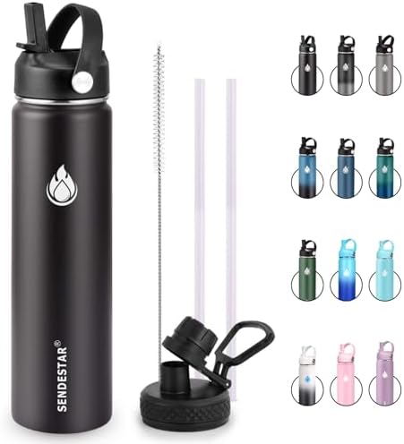 Insulated Water Bottle 24 OZ, Wide Mouth 24 oz Water Bottle with Straw Lid, Spout Lid, Double Wall Vacuum Stainless Steel Leak Proof, Keeps Liquids Hot or Cold (Black)