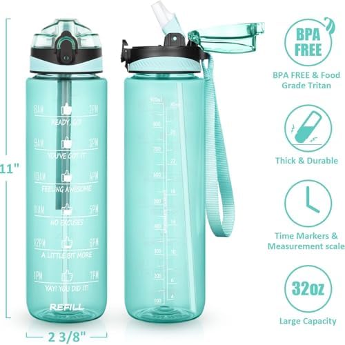 32 oz Water Bottle with Sleeve - BPA Free Leakproof Sport Large 1L Plastic Motivational Water Bottle with Straw Strap & Insulated Neoprene Holder Carrier Bag Great Xmas Gift for Women Men