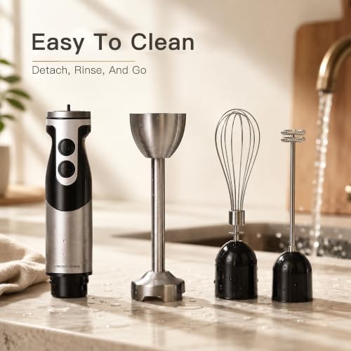 3‑in‑1 Immersion Hand Blender, 12‑Speed Titanium Stainless Steel Stick Blender with Whisk & Milk Frother