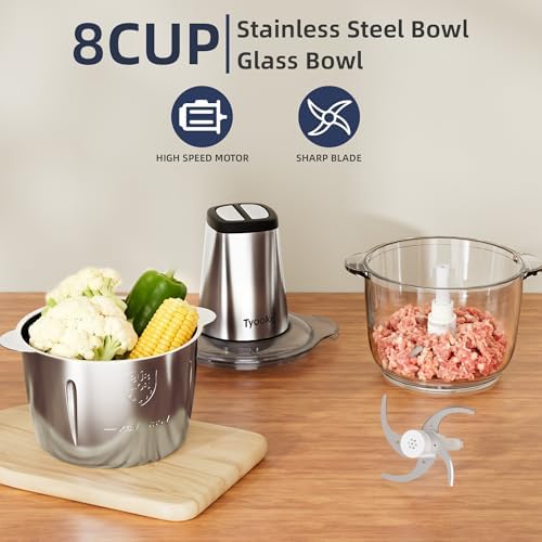 Electric Food Processor Vegetable Chopper, Upgraded Easy Clean Meat Grinder with 2 Bowls (8 Cup Stainless Steel+8 Cup Glass), Food Mixer for Fruits/Meat/Nuts/Veggie/Pet Food/Baby Food - Image 2