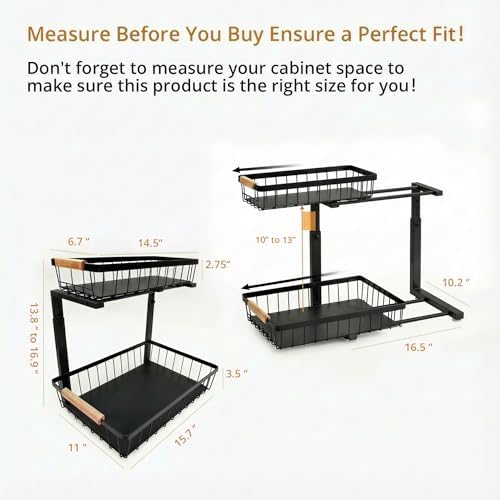 Under Sink Organizer, 2 Tier Pull Out Cabinet Organizers and Storage for Kitchen Bathroom Pantry Laundry, Adjustable Height, Slide Out Thickened Metal Storage Shelf (Black, 1 Pack)