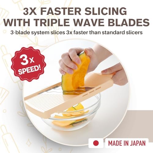 Arnest Japanese mandoline slicer Cabbage Shredder, 3-Blade Triple Wave Ultra-Thin Shredder for Tonkatsu-Style Slaw, Stainless Steel Wave Blades, Safety Holder, Easy-Rinse Clean, Made in Japan