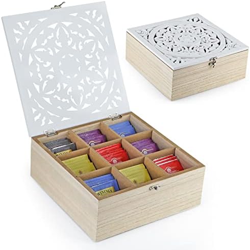 Wood Tea Bag Organizer, 9 Compartment Tea Storage Box with Floral Pattern Lid, Tea Holder Box for Cabinet, Pantry