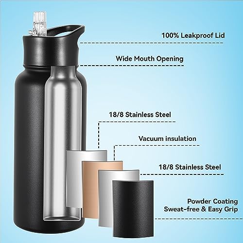 32 oz Insulated Water Bottle Bulk Stainless Steel Metal Water Bottles with Leak Proof Straw Lid & Spout Lid, Wide Mouth Double Walled Vacuum Travel Sports Bottle, 8 Pack