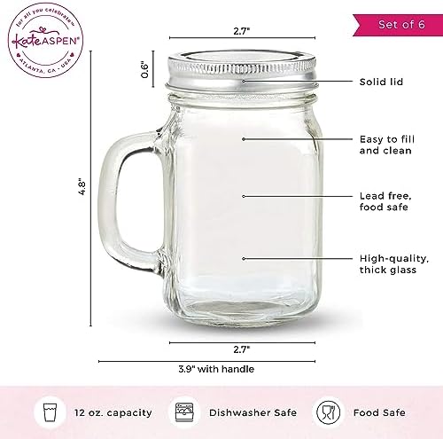 12 oz Mason Jar Mugs With Handles and Solid Lids Set of 6 - Mason Jar Drinking Glasses With Handle, Glass Mason Jars With Lids, Rustic Wedding Decor, Baby Shower Favors