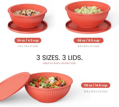 GENICOOK 3 Set Red Ribbed Glass Mixing Bowls Set with Lids, BPA Free - Image 2