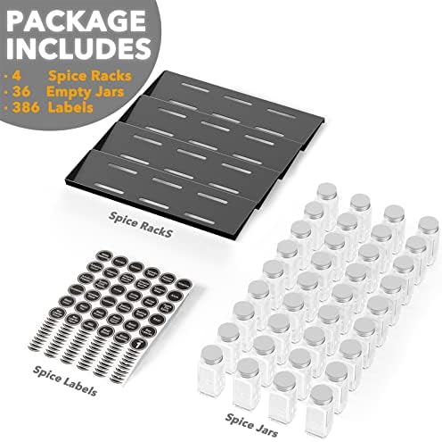 Spice Drawer Organizer with 36 Spice Jars, 386 Spice Labels, 4 Tier Seasoning Rack Tray Insert for Kitchen Drawers, 16.75" Wide x 17.5" Deep