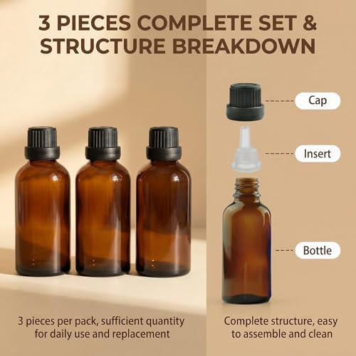 erioctry 3PCS 100ml/3.4oz Empty Amber Glass Bottle with Orifice Reducer and Black Cap for Essential Oils Aromatherapy Cosmetic Storage - Image 4