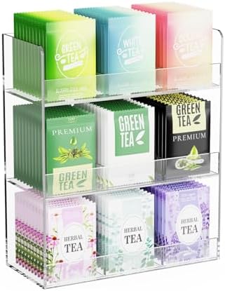 Acrylic Tea Bag Organizer, 3 Layers Tea Bag Holder for Tea Packets, No Assembly Required, Wall Mount Display Tea Caddy for Countertop or Cabinet, 9 Slots, Clear