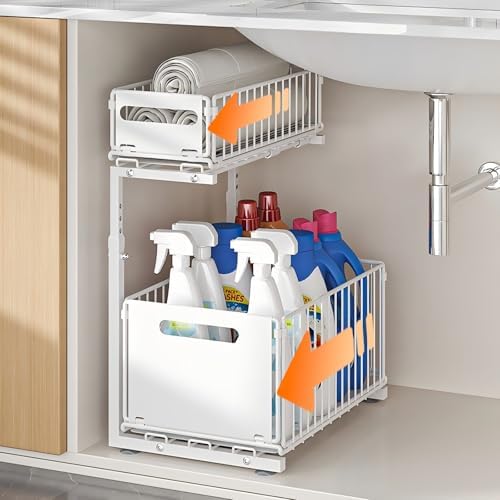 Under Sink Organizer, 2-Tier Pull Out Cabinet Organizer White