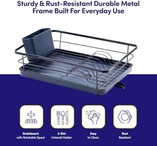 Dish Drying Rack 3 Piece Dish Drainer with Drainboard Set for Kitchen Counter – Dish Rack with Removable Utensil Holder & Swivel Spout for Countertop – DishRack for Plates, Cups & More, Navy