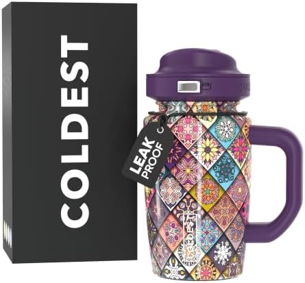 Coldest Tumbler with Handle & Coffee Lid - 100% Spill Proof Tumbler (3 Lids) - Stainless Steel Insulated Leakproof Tumblers for Women & Men - Cup Holder Friendly - 15 oz (Mosaic Bloom) by Coldest