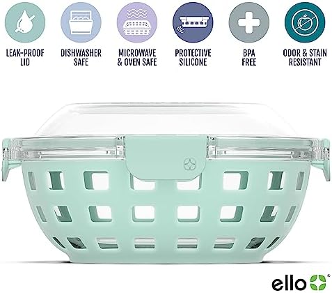 DuraGlass Food Storage Glass Lunch Bowl - Meal Prep Container with Silicone Sleeve and Airtight Lid, 5 Cup, Yucca