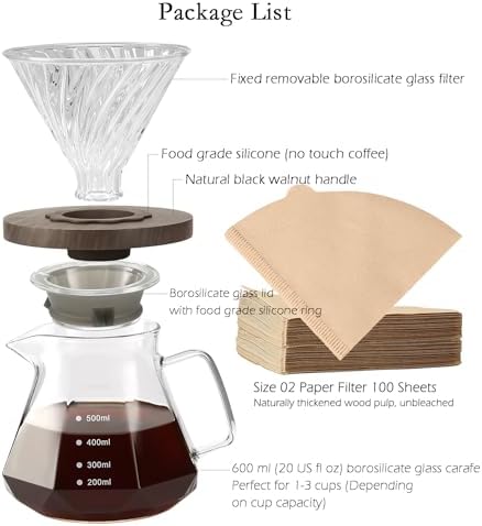 Pour Over Coffee Maker, 20 oz Borosilicate Glass Carafe with 100 pcs V60 Paper Filter, Walnut Handle & Glass Lid, Drip Coffee Maker for Home Café Restaurant Camping, 600 ml, Clear