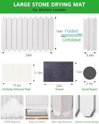 White Stone Drying Mat for Kitchen Counter, 24"×16", Dish Drying Mat